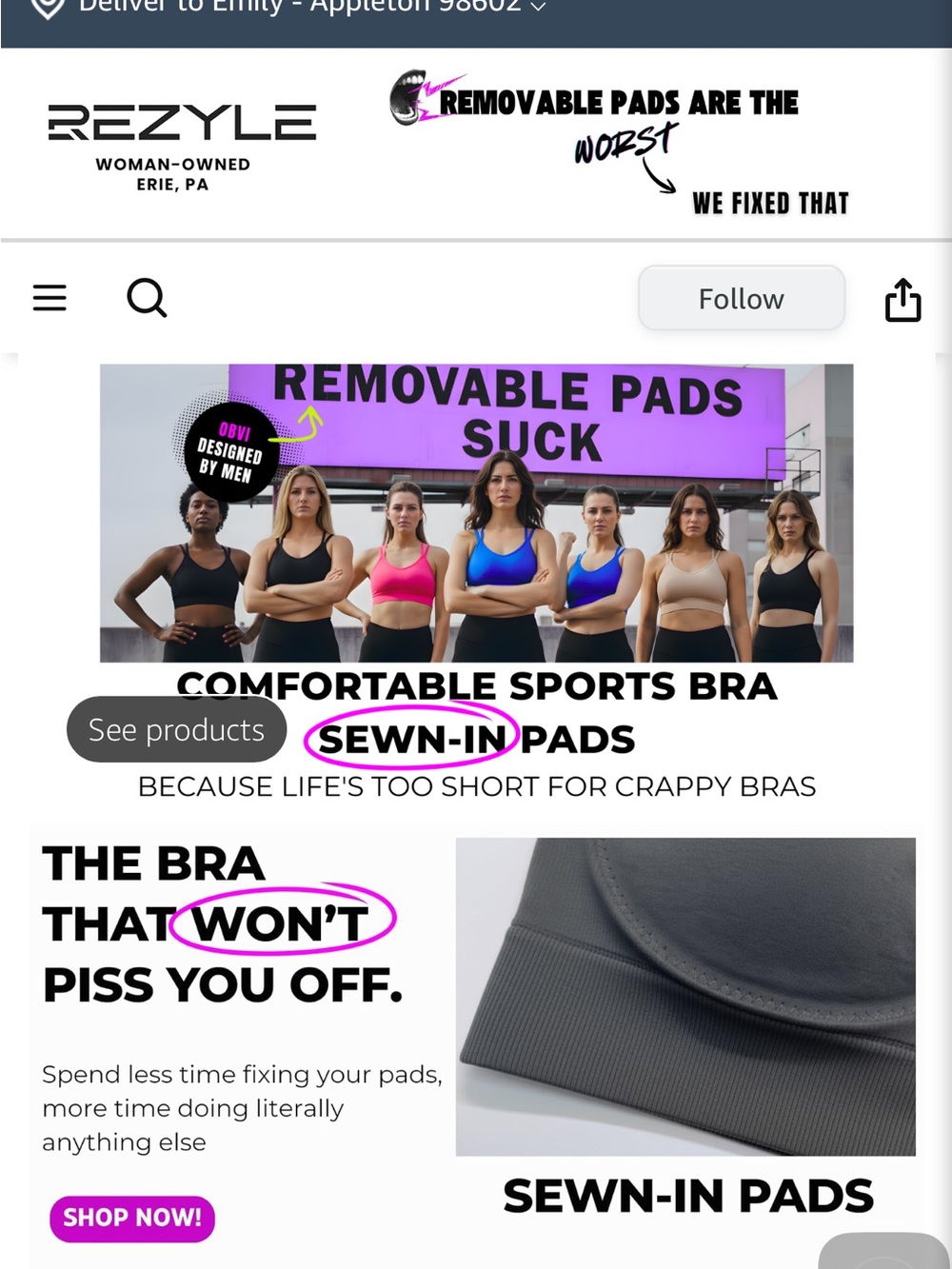 Rezyle sewn in pads sports bra - Picture 4 of 6